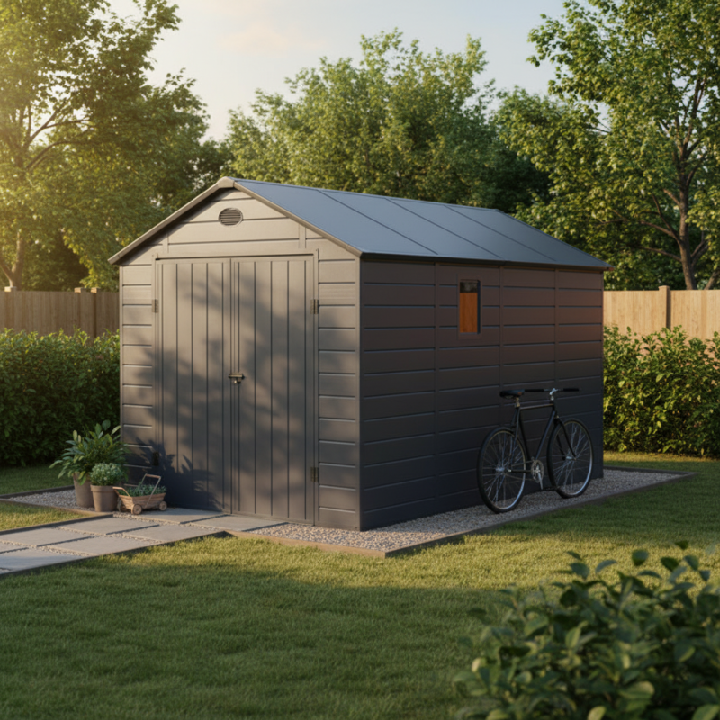 Abri de jardin en résine anthracite 8,90m² + kit de fondation - JOBU
