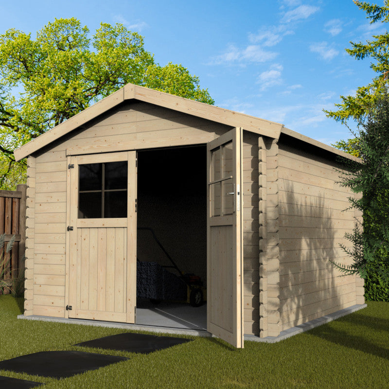 Abri de jardin Mina 8.88m² en bois massif 28mm avec double porte + plancher – Décor et Jardin