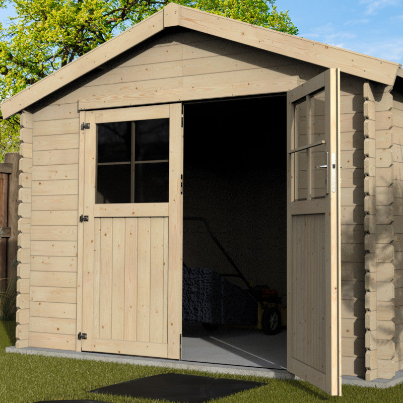Abri de jardin Mina 8.88m² en bois massif 28mm avec double porte + plancher – Décor et Jardin
