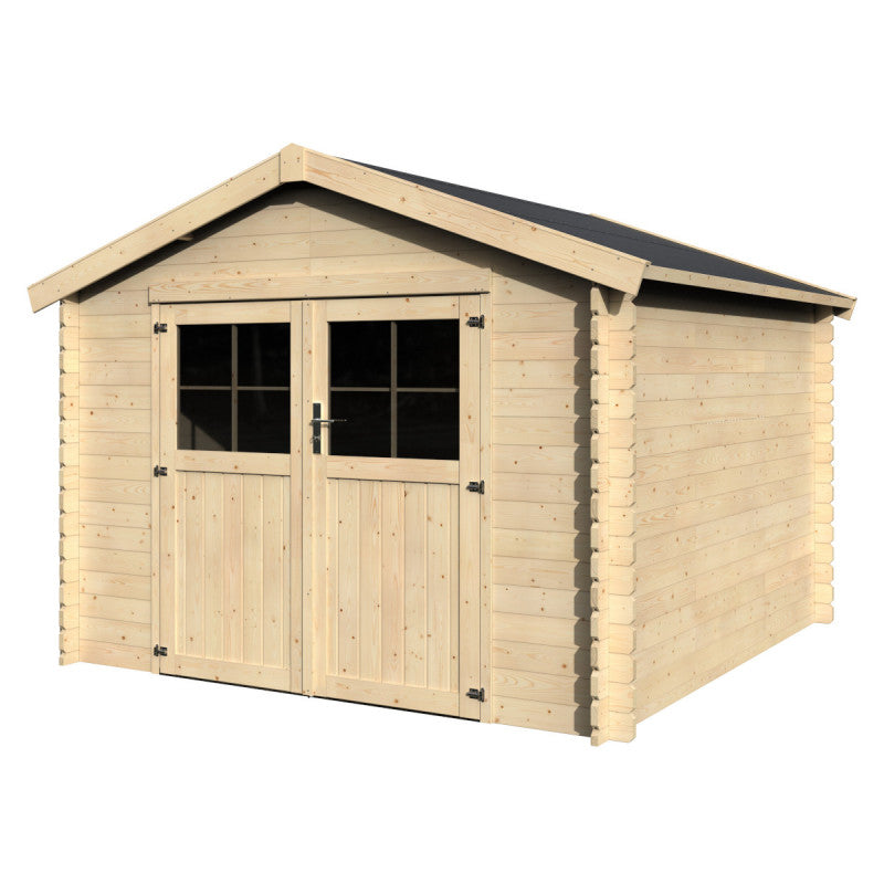 Abri de jardin Mina 8.88m² en bois massif 28mm avec double porte + plancher – Décor et Jardin