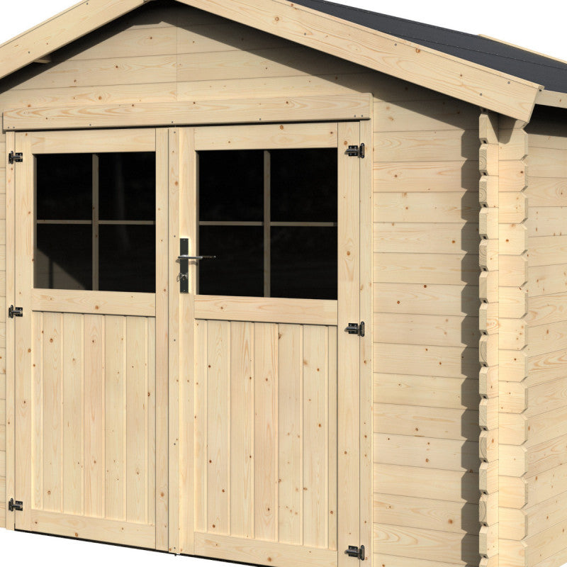 Abri de jardin Mina 8.88m² en bois massif 28mm avec double porte + plancher – Décor et Jardin