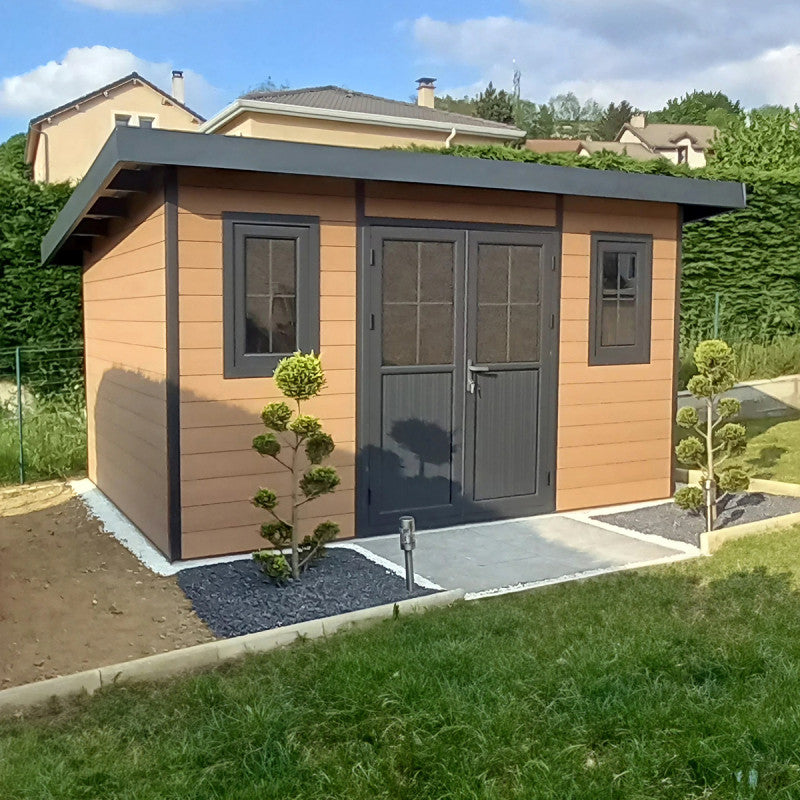 Abri de jardin en bois composite 28mm aspect bois 12m² PREMIUM toit monopente - Woodlife Garden