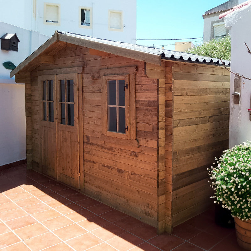 Abri en bois massif 12m² PLUS 28mm traité teinté marron Gardy Shelter