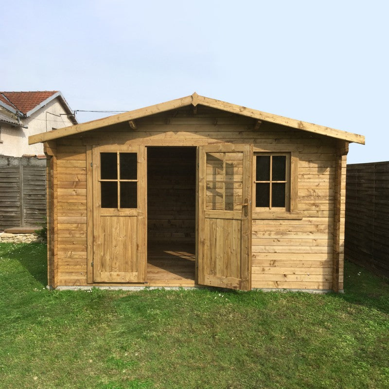 Abri en bois massif 12m² PLUS 28mm traité teinté marron Gardy Shelter