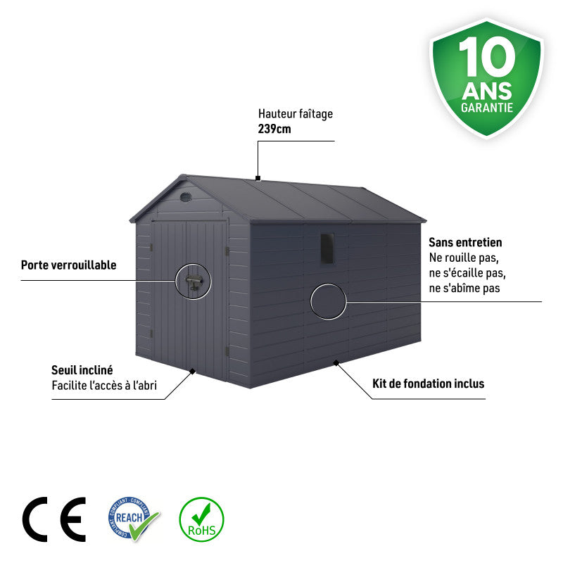 Abri de jardin en résine anthracite 8,90m² + kit de fondation - JOBU