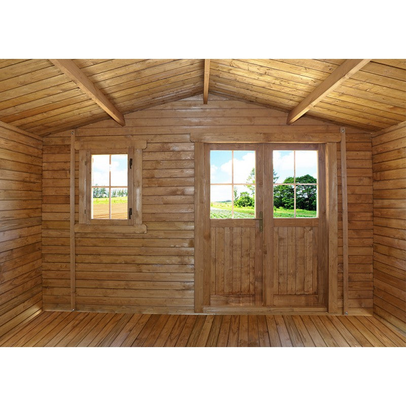 Abri en bois massif 12m² PLUS 28mm traité teinté marron Gardy Shelter