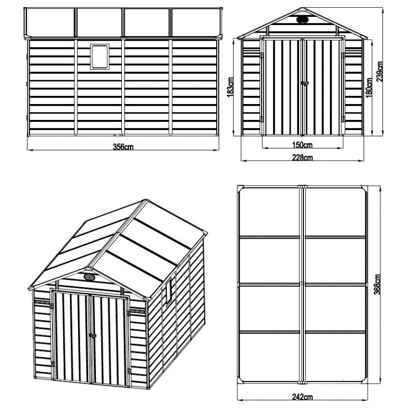 Abri de jardin en résine anthracite 8,90m² + kit de fondation - JOBU